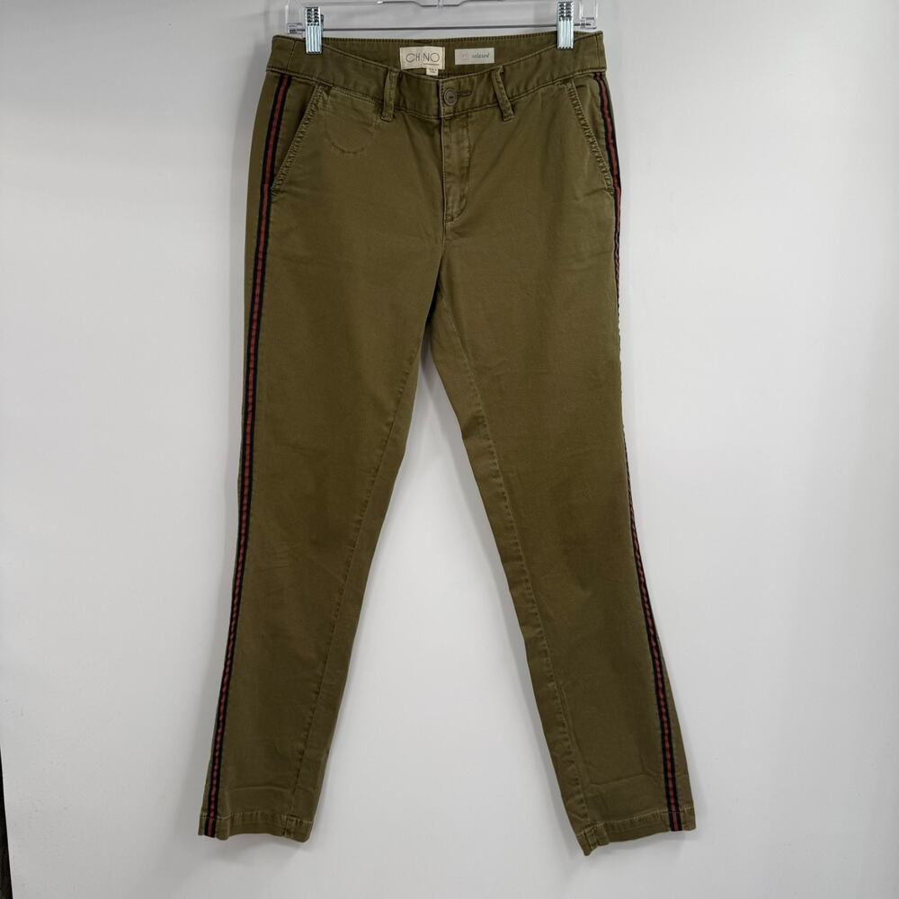 Chino by Anthropologie Relaxed Pants Women 27 Olive Green Tuxedo Striped Stretch